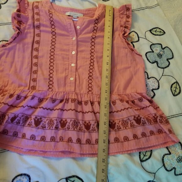 Loft Pink Floral Embroidered Henley Peplum Shell Size Medium - Picture 4 of 9